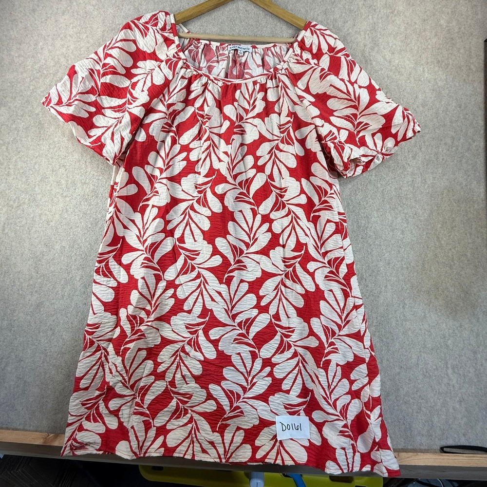 Sara Michelle Red White Tropical Leaf Print Short Sleeve Dress Large